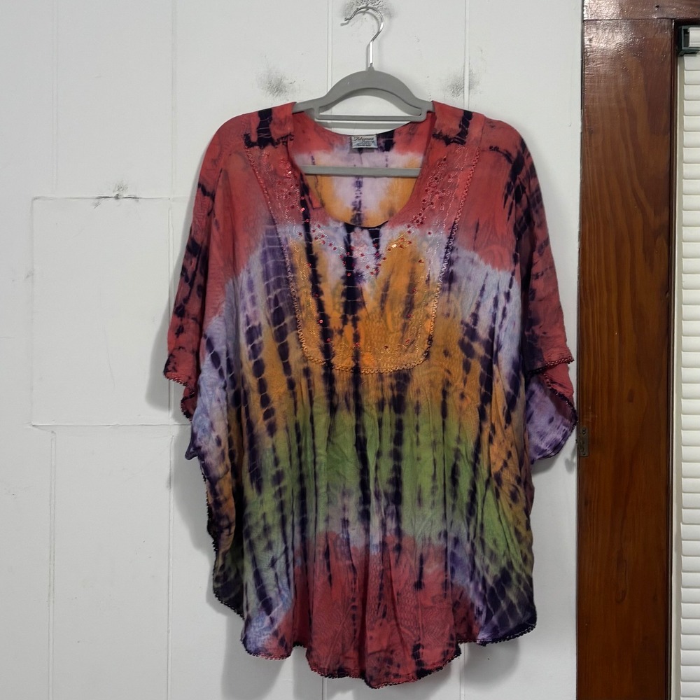 Advance Apparels Tie Dye Poncho Top Cotton Embroidered Sequin Multicolor OS
